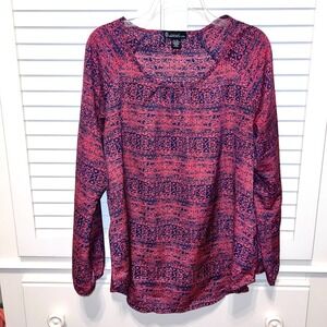Signature Studio Womens XL Pink Navy Damask Print Long Sleeve Blouse Scoop Neck